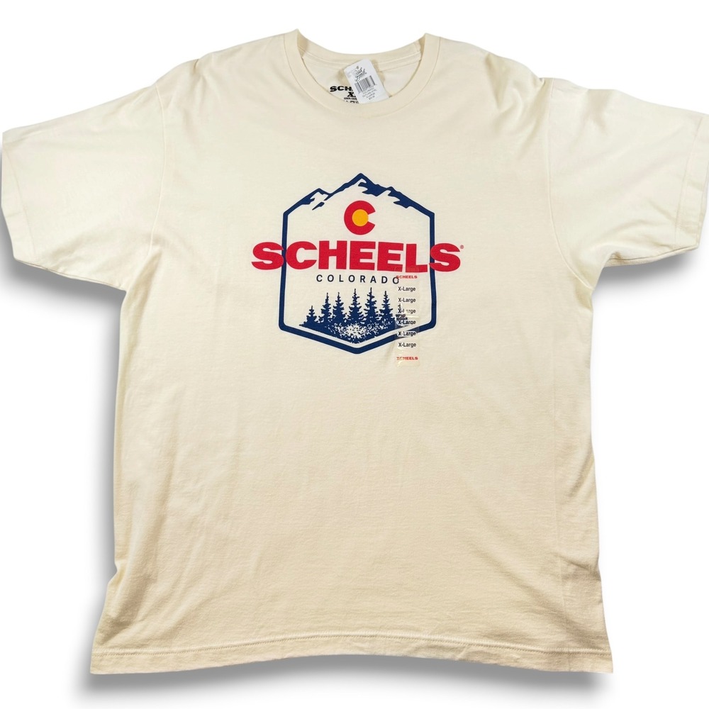 Scheels Colorado Graphic T-Shirt Mens XL Cream Cotton Short Sleeve Mountain Tee‎